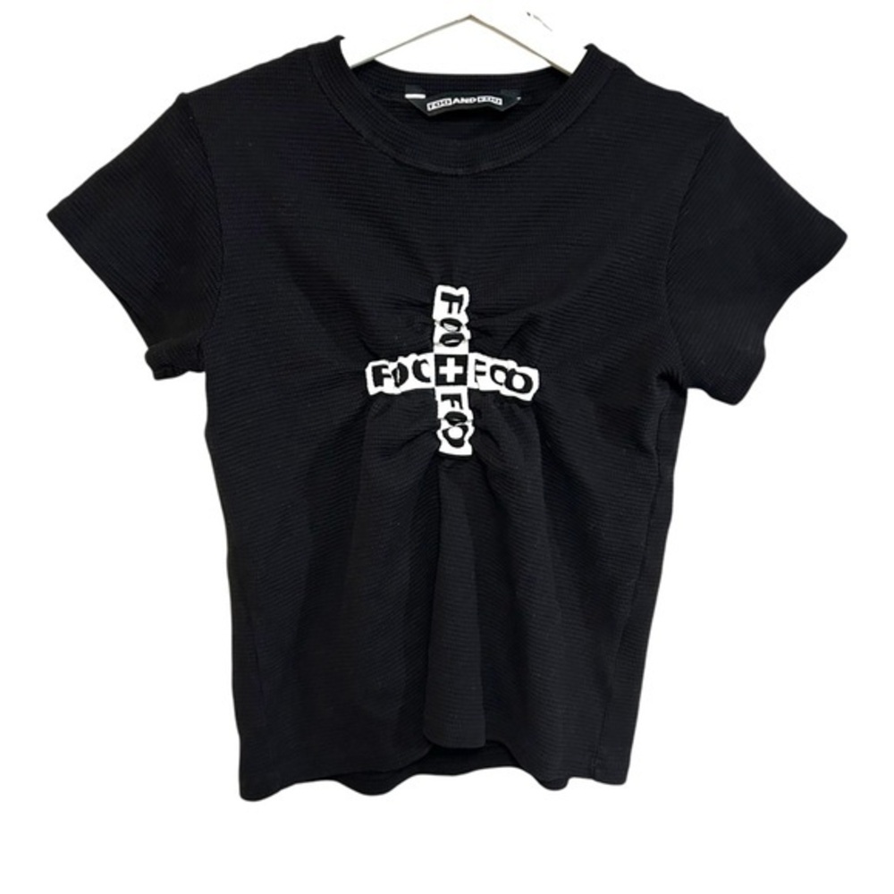 Foo and Foo S t-shirt waffle knit cotton gathered logo detail street wear fitted